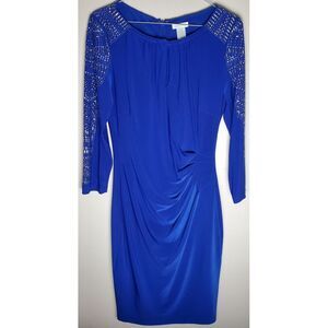 Please Read Cache Blue Dress Y2K Brutalist Bedazzled Beaded Stretchy Knee Length